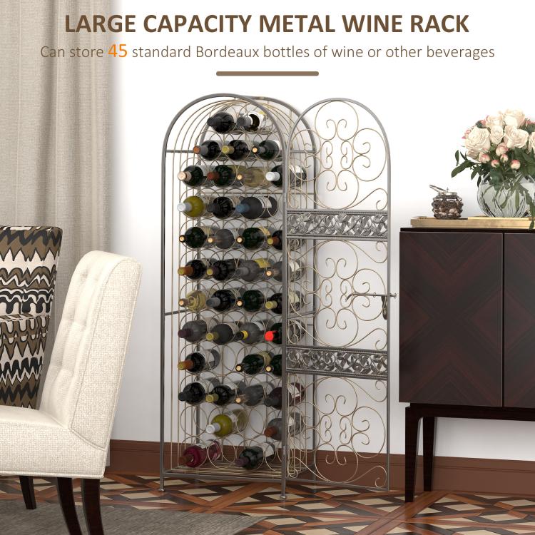 Antique bronze metal wine bottle rack holding bottles, arched cage and side door