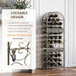 Lockable antique bronze wine rack with latch and arched cage, bottles stored inside