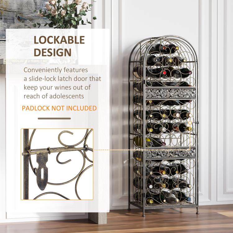 Lockable antique bronze wine rack with latch and arched cage, bottles stored inside