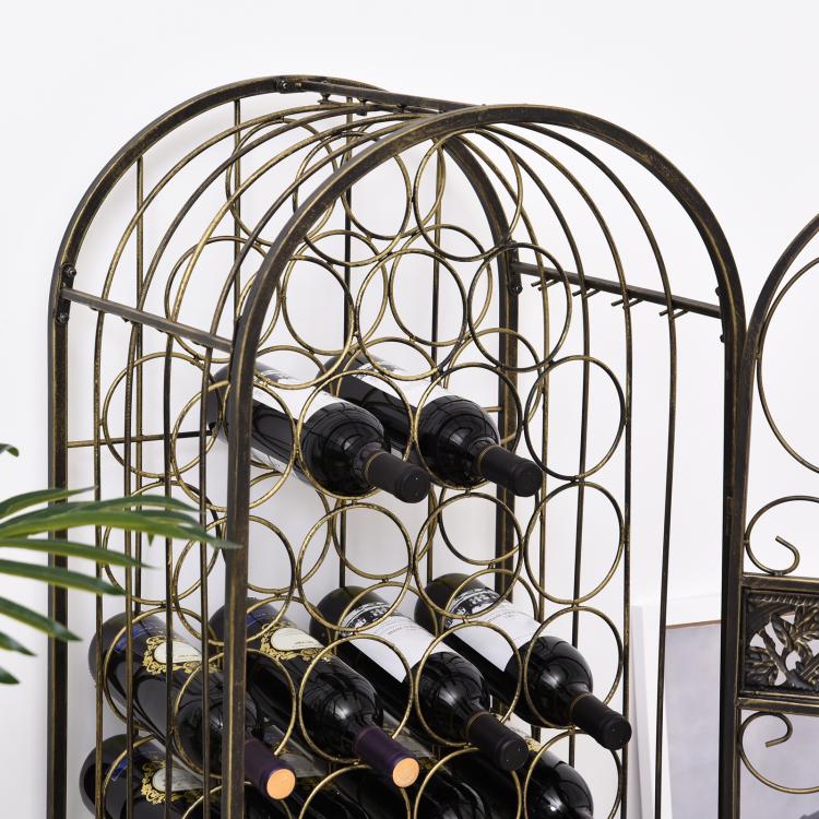 Bronze arched wine rack with bottles on shelves, wrought-iron scroll cage