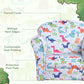 Kids dinosaur print armchair showing padded seat and soft flannel-style cover, no hard edges