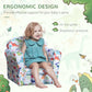 Kids dinosaur print armchair with child on it; ergonomic padded seat and backrest
