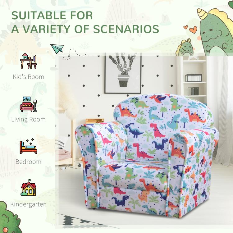 Kids dinosaur print armchair with thick padding and rounded arms, styled for indoor use
