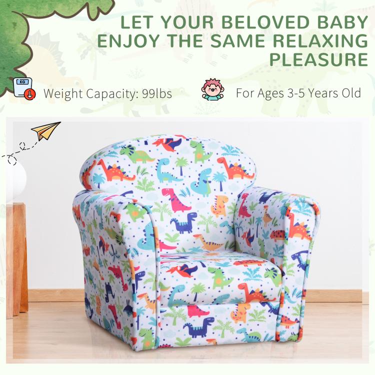 Kids dinosaur print sofa armchair with thick padded seat and back, multicolor dinosaur design