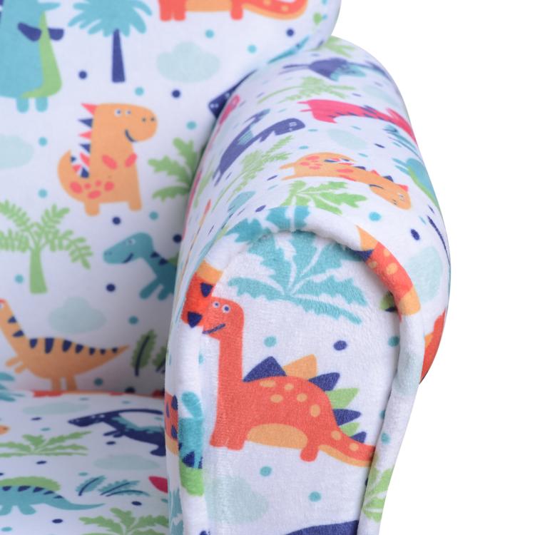 Kids dinosaur print armchair arm detail with padded fabric edge and colorful dinosaur pattern