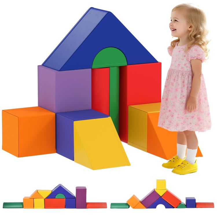 Colorful kids foam crawl-and-climb play house with blocks and slide pieces