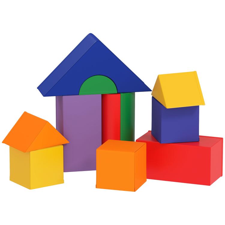 Assorted foam block set featuring a blue house-shaped crawl tunnel and cubes