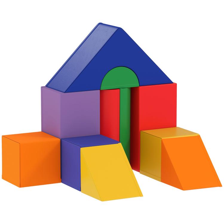 Colorful foam crawl-and-climb activity set with playhouse-style blocks and ramps
