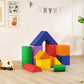 Play mat set with multicolor foam blocks forming a house and slide shapes