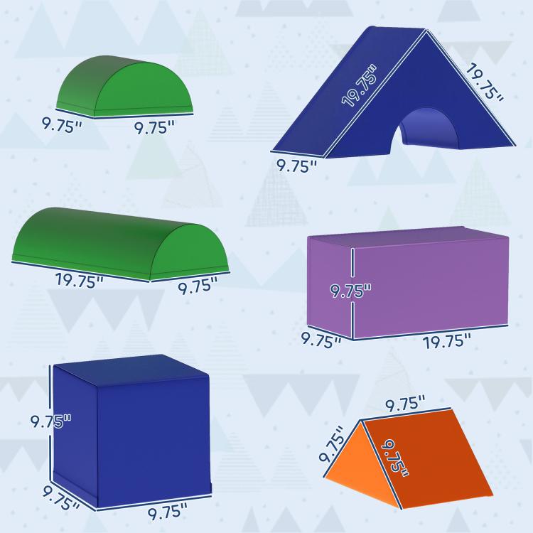 11-piece kids foam building set with labeled piece sizes in blue, green, red