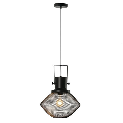 Black industrial pendant light with round wire mesh shade and exposed warm bulb