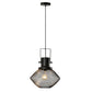 Black hanging pendant light with wire mesh dome shade and warm glowing bulb