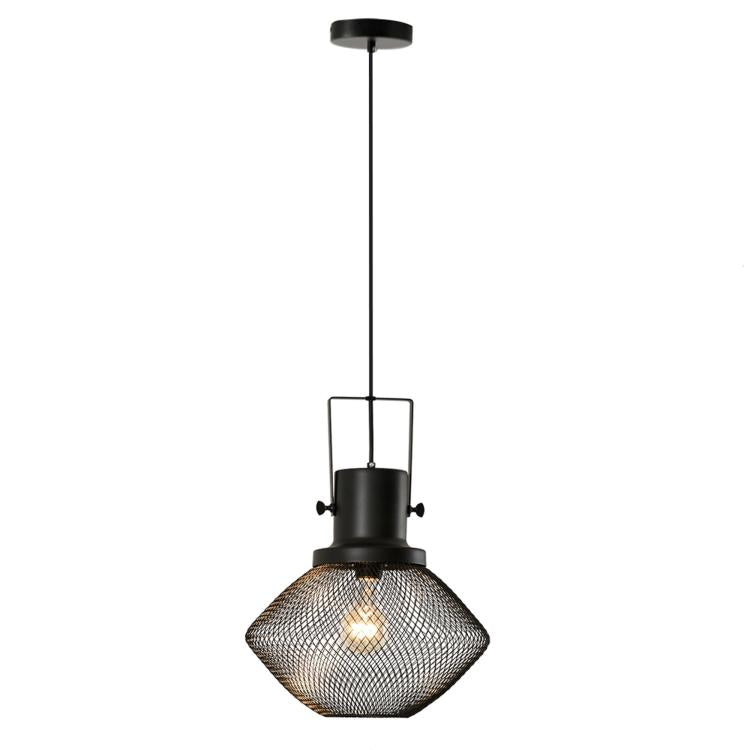 Black hanging pendant light with wire mesh dome shade and warm glowing bulb