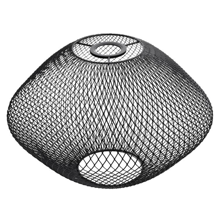 Black industrial pendant lamp with wire mesh shade and two circular openings