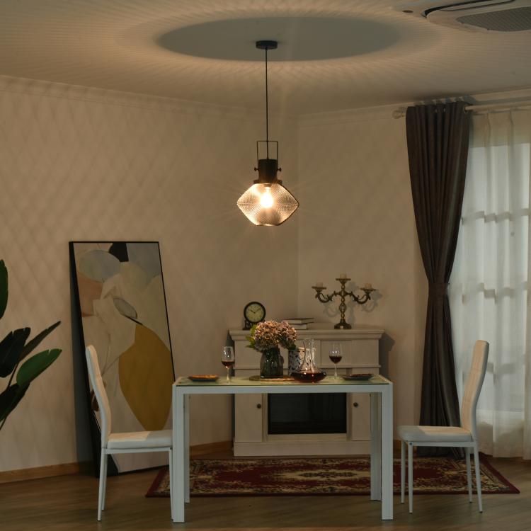 Black dome pendant light with wire mesh shade and exposed bulb in a living room