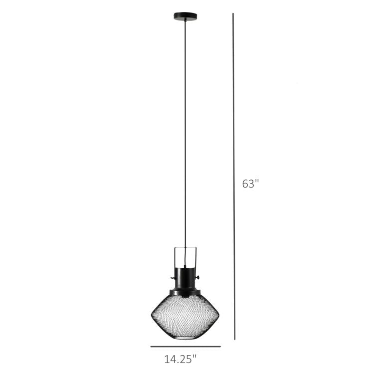 Black adjustable chain pendant light with wire mesh shade and hanging dimensions