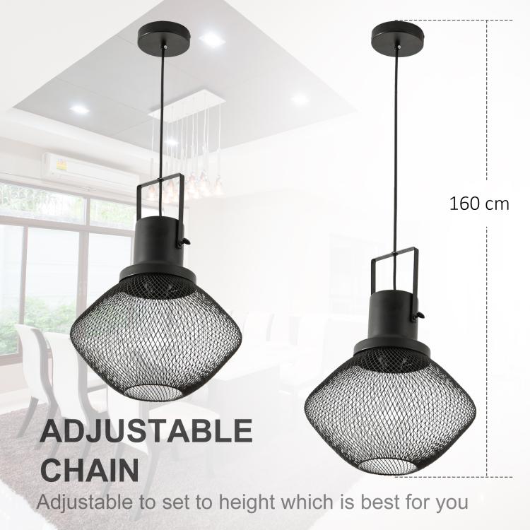 Two black pendant lights with wire mesh shades and adjustable hanging chains