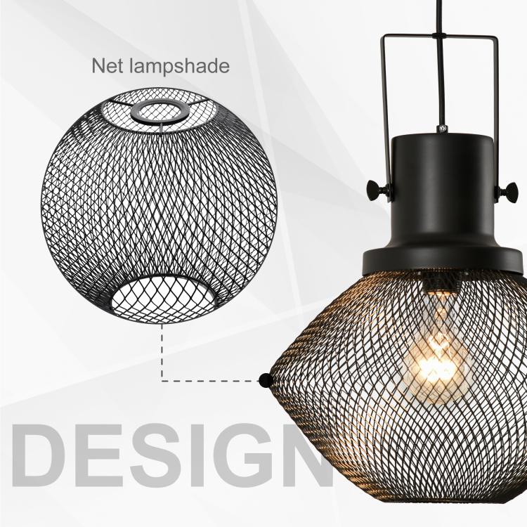 Wire mesh pendant lampshade with black metal fitter and glowing exposed bulb