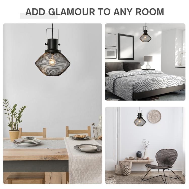 Black industrial pendant light with wire mesh shade shown in multiple room settings