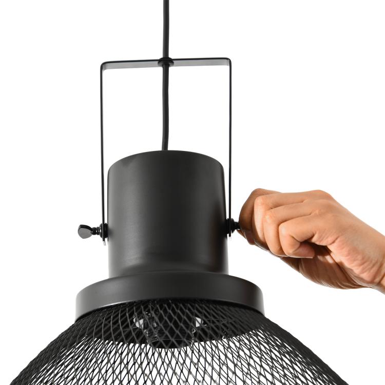 Black wire mesh pendant light with adjustable knob and hands adjusting hardware