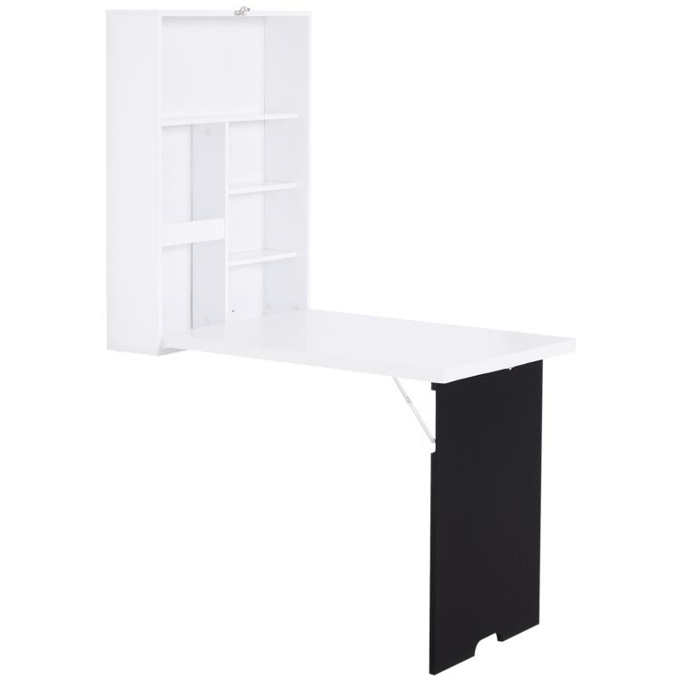 Wall-mounted foldable floating desk in white with black support panel and shelves