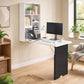 White wall desk with open shelves and black writing board panel, monitor on tabletop