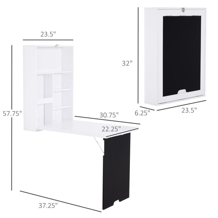 White foldable wall desk dimensions: extended tabletop with black support panel