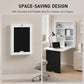 Wall-mounted white desk with blackboard panel and shelves, compact office setup