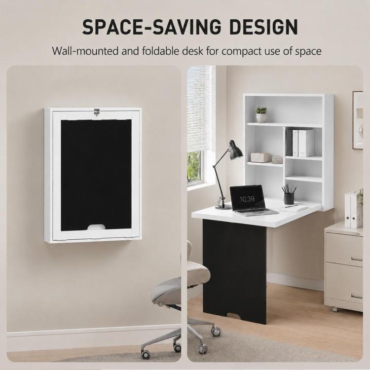 Wall-mounted white desk with blackboard panel and shelves, compact office setup