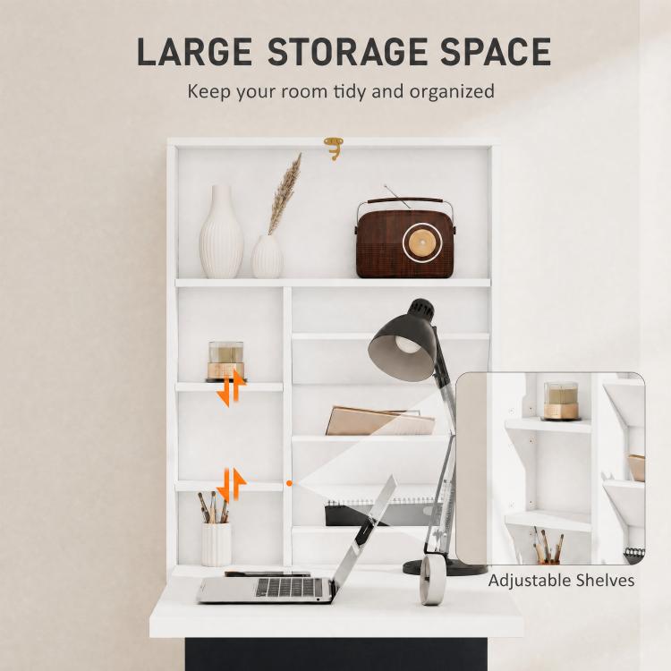 White wall cabinet with storage shelves and open fold-out desk tabletop