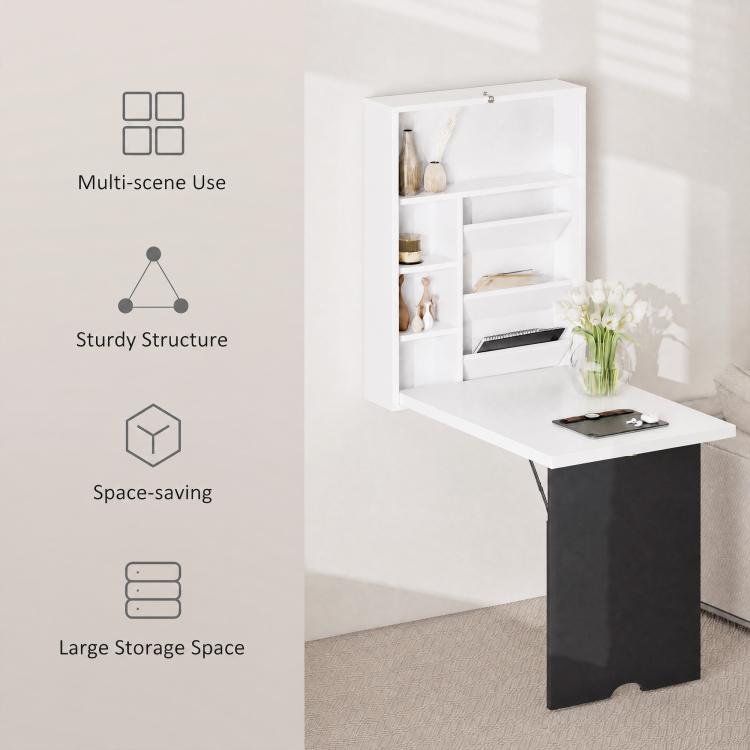 White foldable wall desk with shelves and black base panel, laptop on tabletop