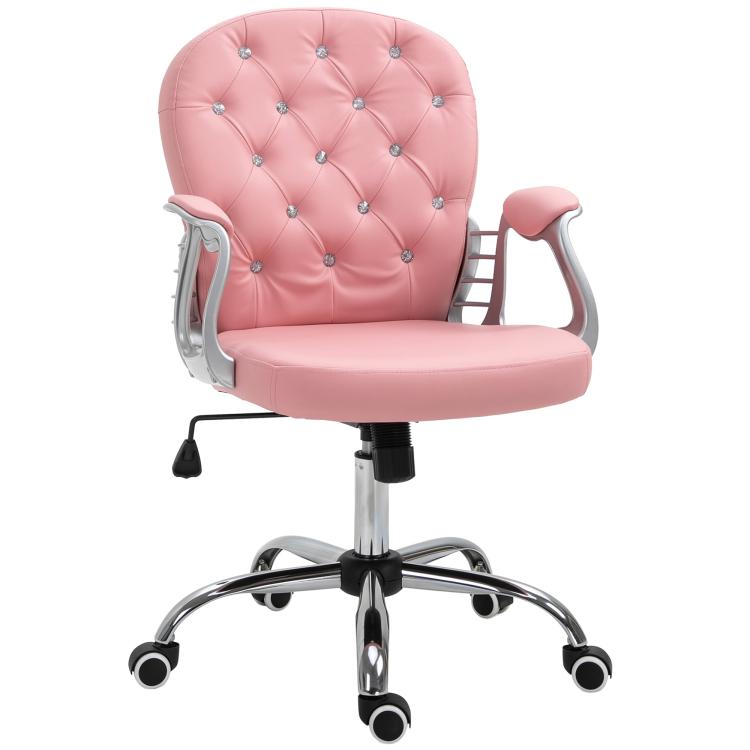 Pink button-tufted desk chair with padded armrests and chrome swivel base