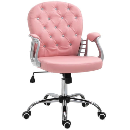 Pink button-tufted desk chair with padded armrests and chrome swivel base