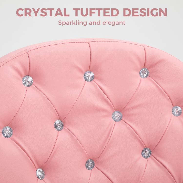 Pink button-tufted chair back with sparkling crystal-style buttons