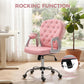 Pink button-tufted desk chair with rocking feature and tension adjustment area