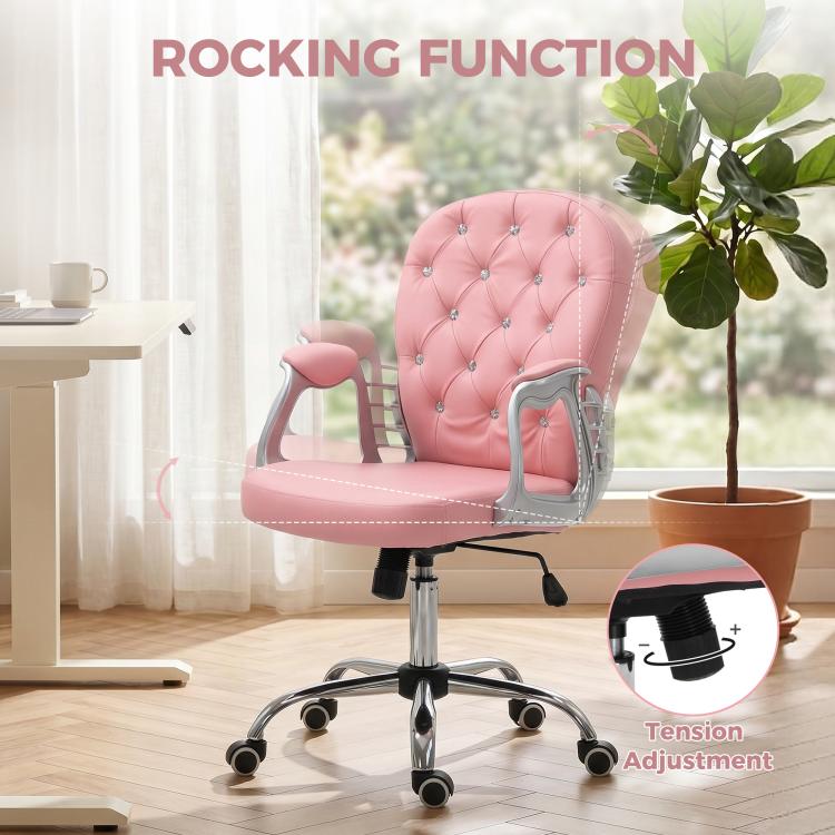 Pink button-tufted desk chair with rocking feature and tension adjustment area