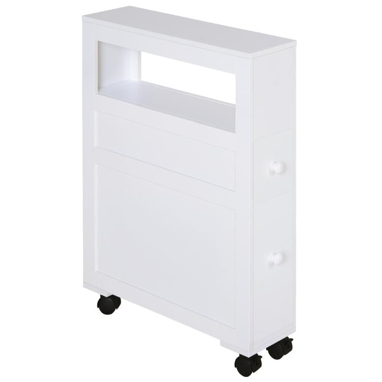 White rolling narrow bathroom storage cabinet with open shelf and two drawers