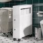 White narrow rolling bathroom side cabinet with two knob doors and four wheels