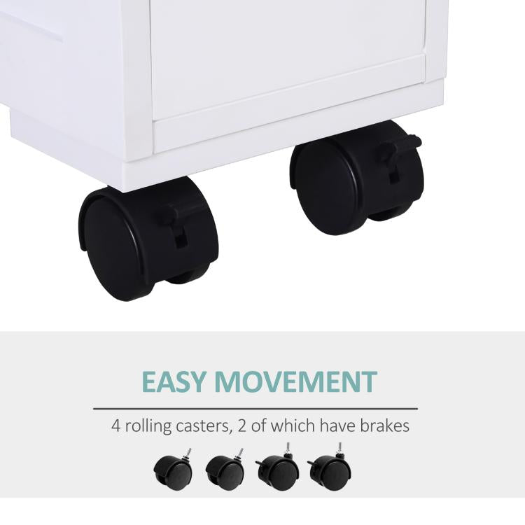 White rolling cabinet on four caster wheels, two with brakes