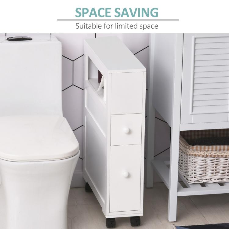 White narrow bathroom cabinet on wheels with two drawers and open shelf