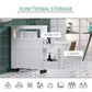 White rolling bathroom storage cabinet with open shelves and two drawers