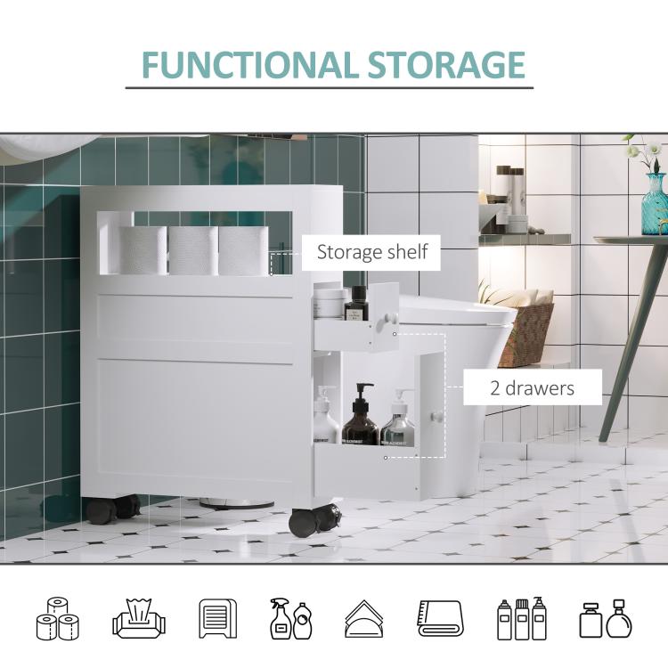 White rolling bathroom storage cabinet with open shelves and two drawers