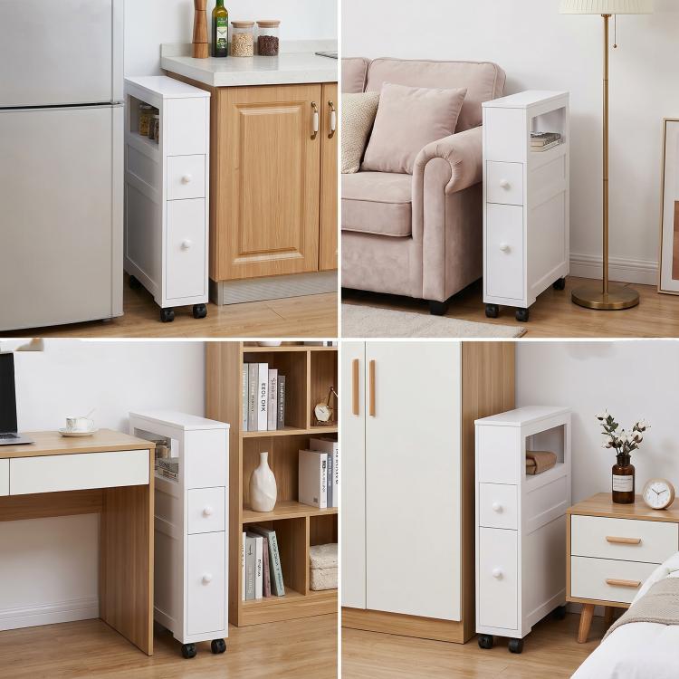 White narrow rolling bathroom storage cabinet with door and two side drawers