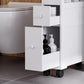 White cabinet with two pull-out drawers and open dispenser storage compartment