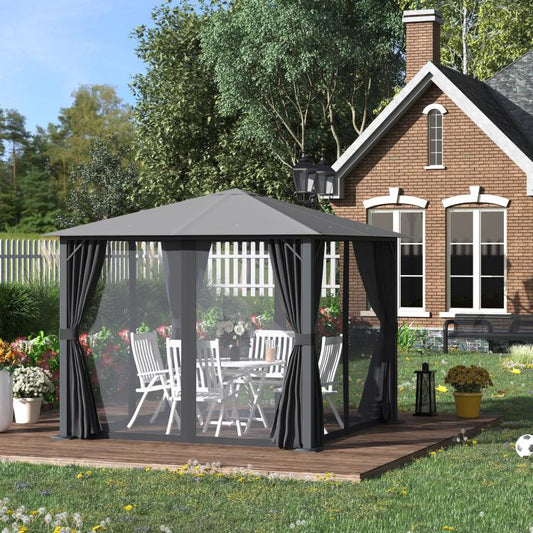 Outdoor patio gazebo with gray roof and hanging dark curtains, open seating area