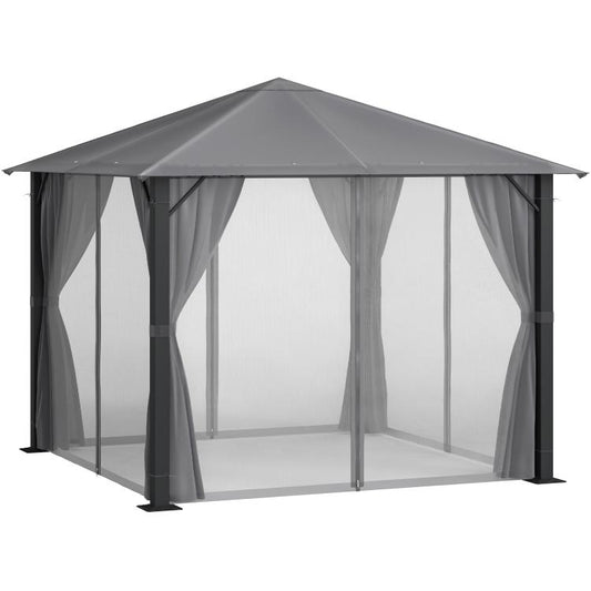 Outdoor patio gazebo canopy with dark curtains and netted side panels, vented roof
