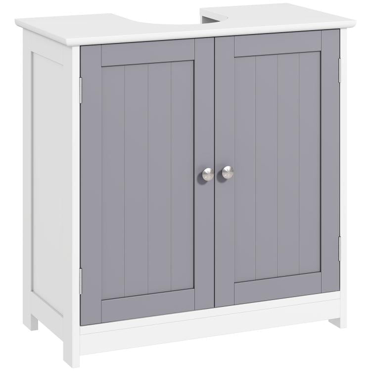 White and gray bathroom sink storage cabinet with two doors and U-shaped cut-out