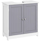 Bathroom pedestal sink cabinet with U-shaped top cut-out, double doors, white frame and gray panels