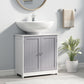 Bathroom pedestal sink storage cabinet with gray doors and open U-shaped top cut-out
