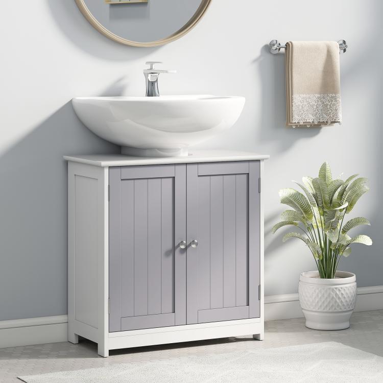 Bathroom pedestal sink storage cabinet with gray doors and open U-shaped top cut-out